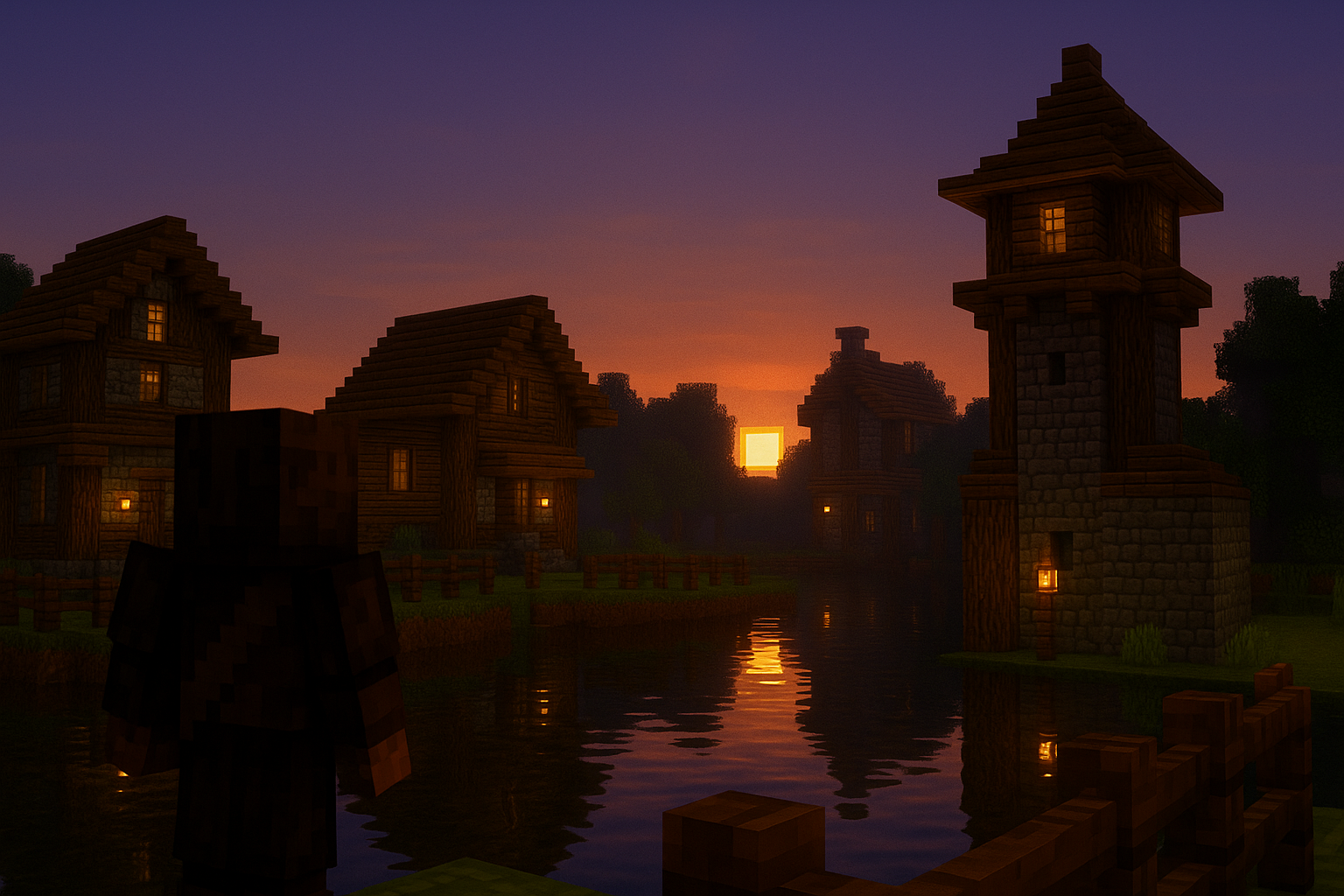 Town and watchtower at dusk